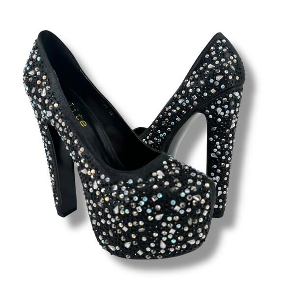 Delite Caroline Black Rhinestone Platform Pumps Heels Womens Size 38 7.5 8 - Picture 1 of 12